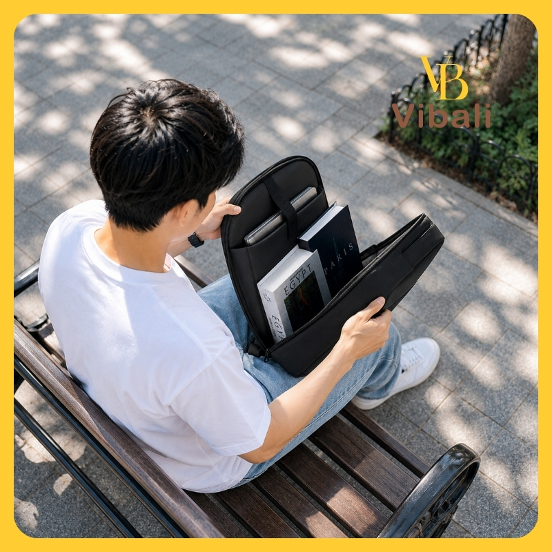 người nam mở khóa balo